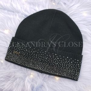 Calvin Klein Hat Beanie Black Embellished Rhinestone Holiday Cottagecore Gift